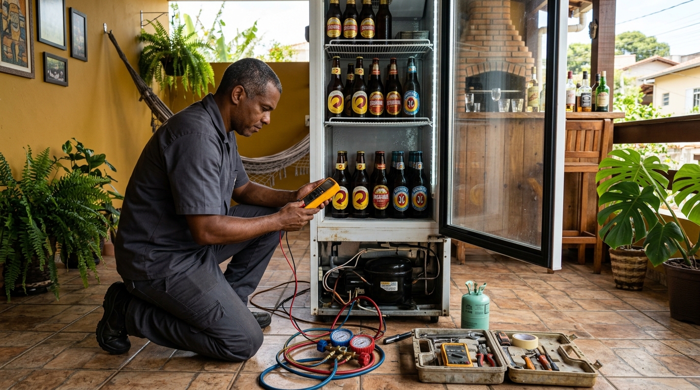 Manutenção da placa eletrônica de cervejeira no Parque dos Eucaliptos, Bauru‑SP