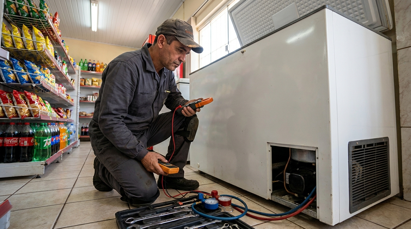 Reparo na placa eletrônica do freezer no Jardim Central, Bauru‑SP