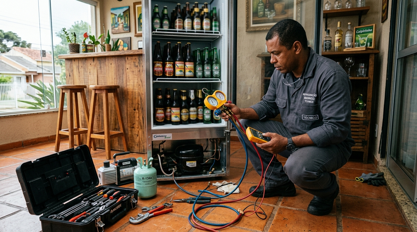 Profissional executando reparo no motor de cervejeira no Parque dos Eucaliptos, Bauru‑SP