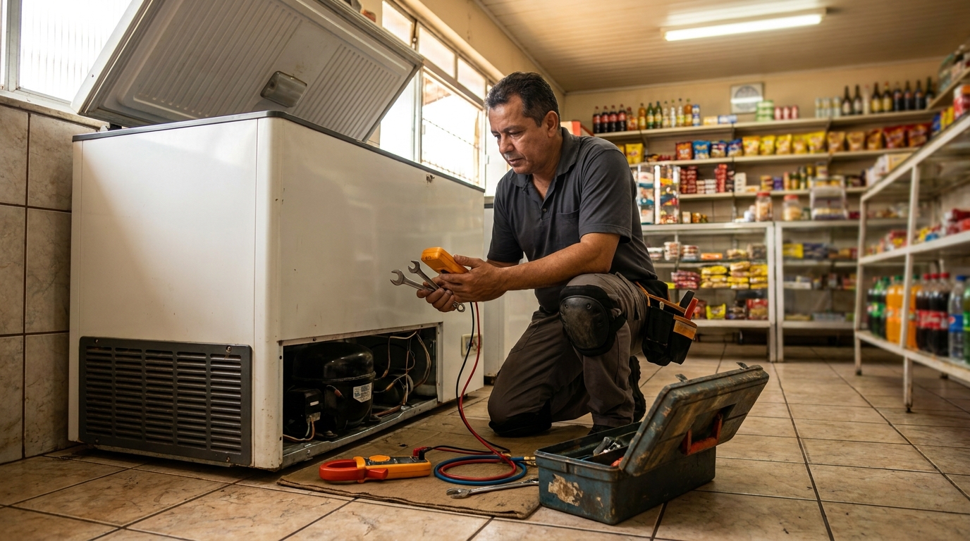 Profissional executando manutenção no motor de freezer no Jardim Central, Bauru‑SP