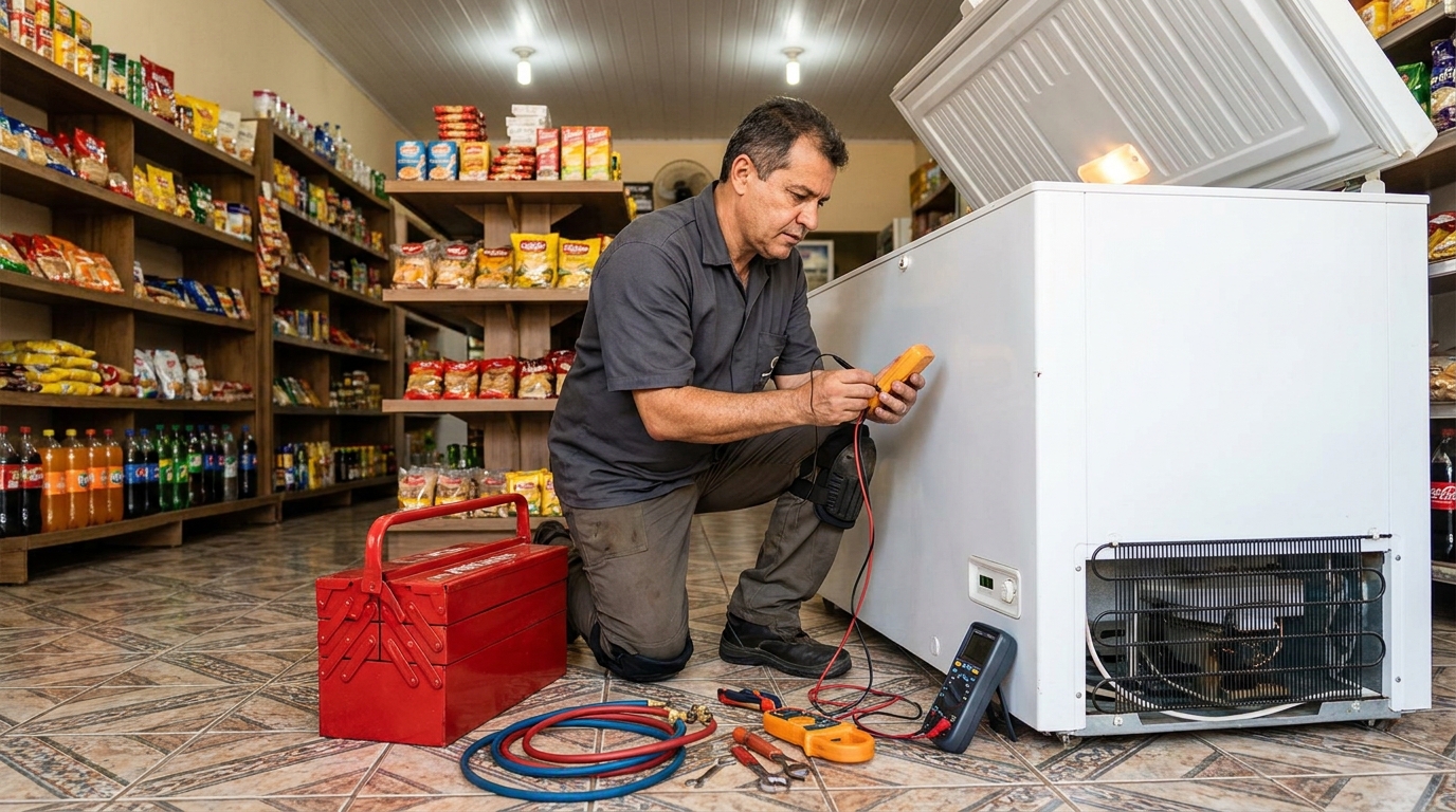Recarga de gás refrigerante no freezer durante atendimento no Jardim Central, Bauru‑SP