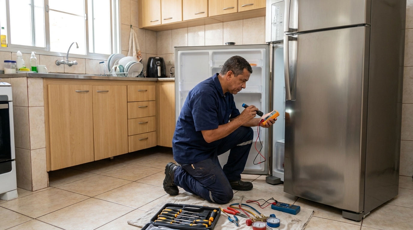 Técnico aplicando recarga de gás refrigerante em geladeira no Alto Higienópolis, Bauru‑SP