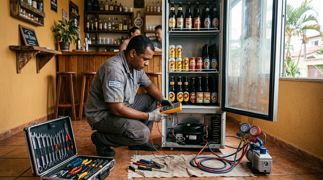 Substituição de termostato de cervejeira em serviço técnico no Parque dos Eucaliptos, Bauru‑SP