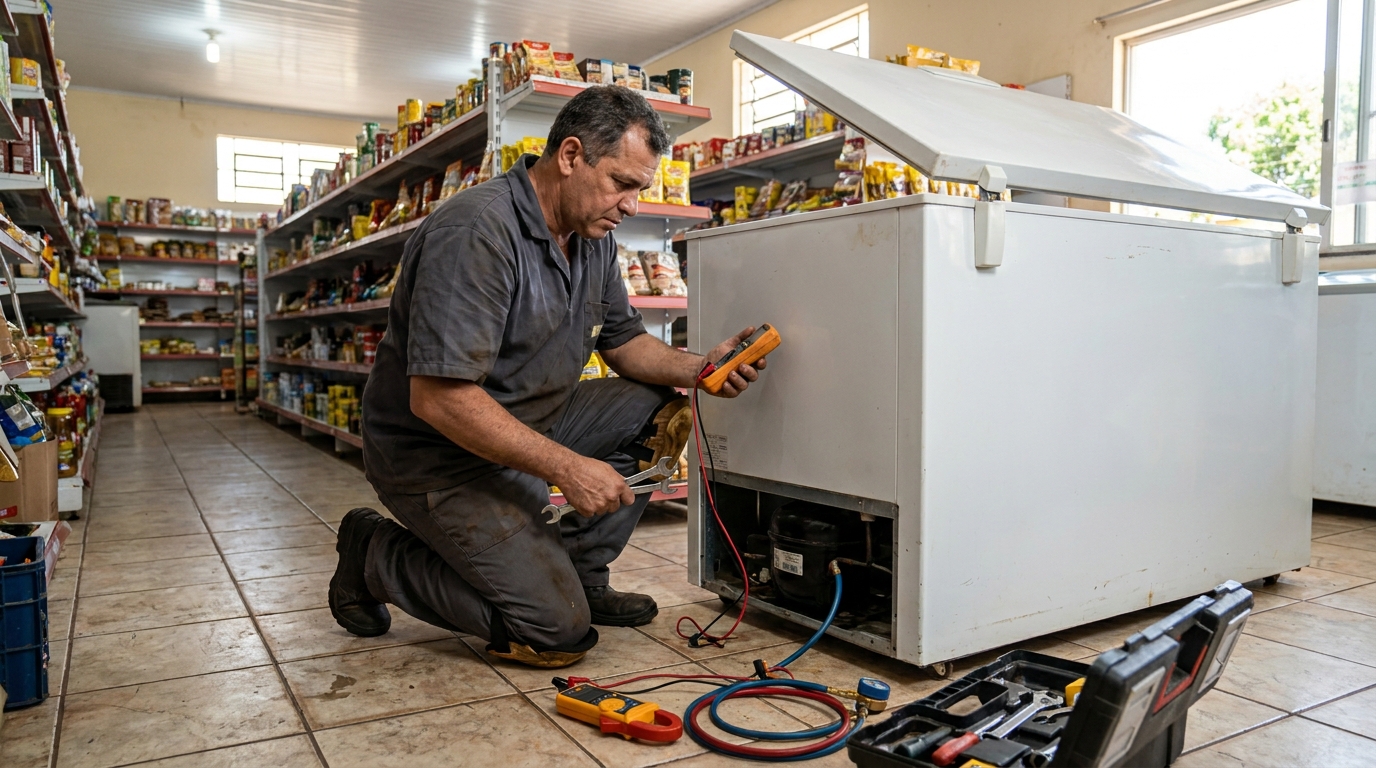 Substituição de termostato de freezer em visita técnica no Jardim Central, Bauru‑SP